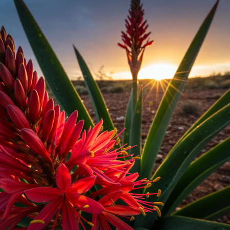 Beautiful red aloe vera flowers in the desert at sunsetの素材