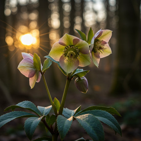 Beautiful hellebore flowers in the forest at sunset.の素材