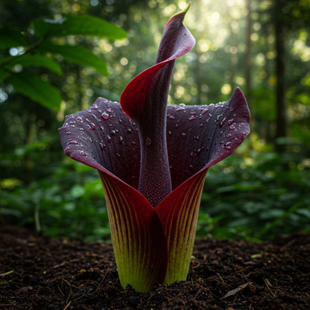Raindrops on a purple flower in the rainforest of Borneo.の素材
