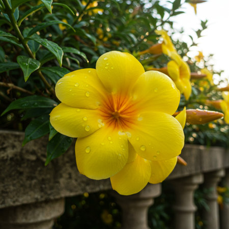 Beautiful yellow allamanda flower with rain drops on it.の素材