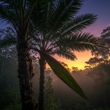 Silhouette of palm tree at sunrise in the tropical forest.の素材