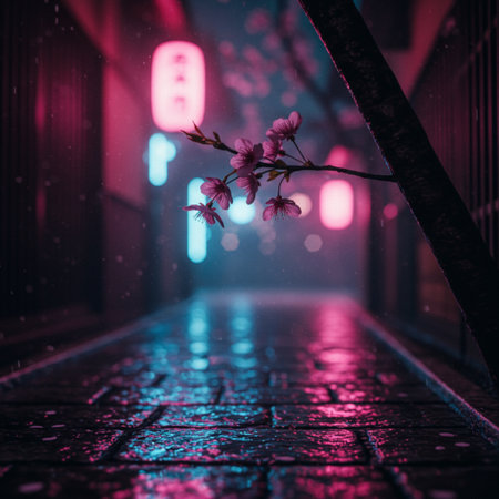Cherry blossom in the city at night with neon lights.の素材