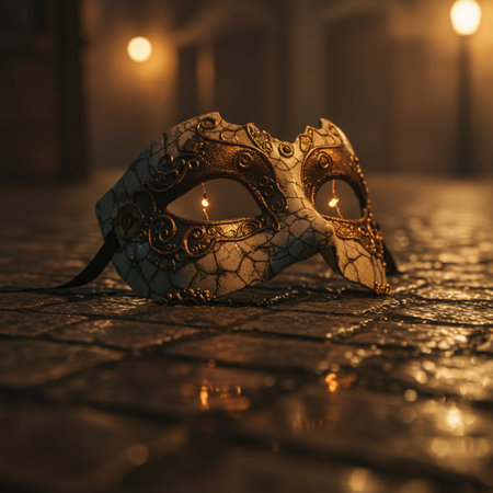 Venetian carnival mask on cobblestone street at nightの素材