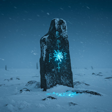 Snowy stone with snowflakes and blue light on it.の素材