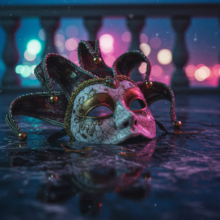 Traditional Venetian carnival mask with reflection on the water.の素材