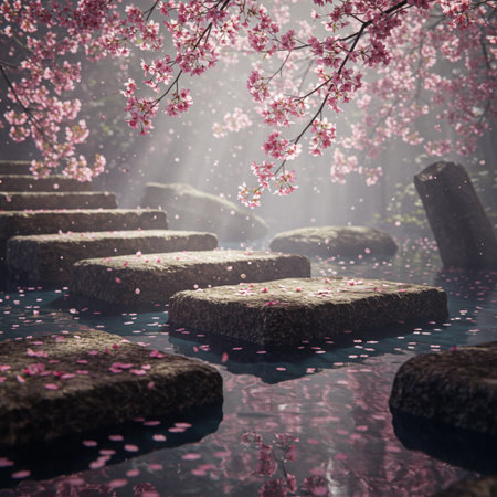 Cherry blossoms and stone steps in the spring garden. 3D renderingの素材