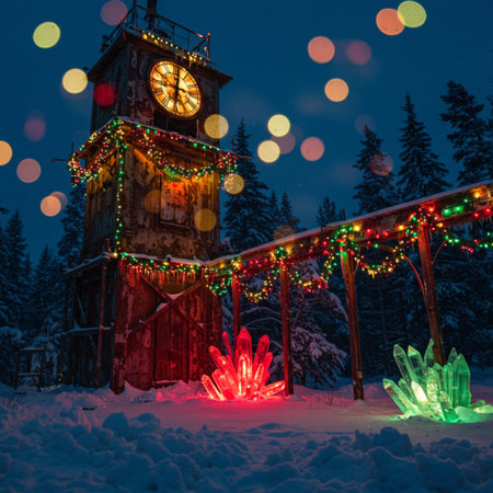 Christmas decorations on the background of a clock tower in the snowy forestの素材
