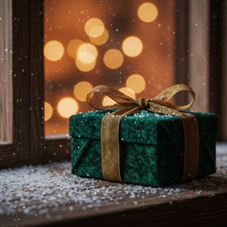 Christmas gift box with gold bow on window sill and bokeh backgroundの素材