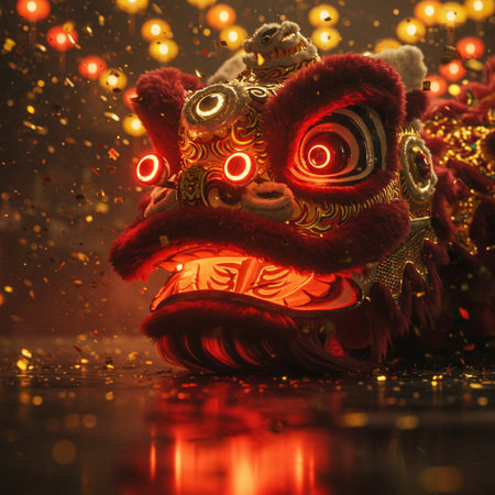 Traditional Chinese New Year mask with firecrackers on a dark backgroundの素材