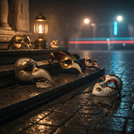 Carnival masks on the street at night in Venice, Italy.の素材