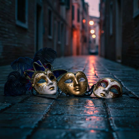 Traditional Venetian carnival masks on cobbled street in Venice, Italyの素材