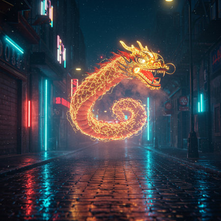 Chinese dragon in the night city street. 3D Rendering.の素材