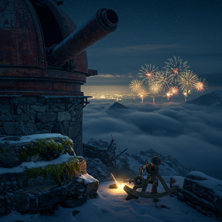 Beautiful winter landscape with fireworks and an old cannon in the mountainsの素材