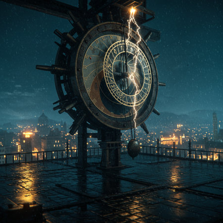 Ancient clock on the background of the city at night. 3d renderingの素材
