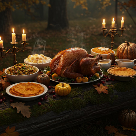 Thanksgiving dinner with roasted turkey on rustic wooden table with pumpkinsの素材