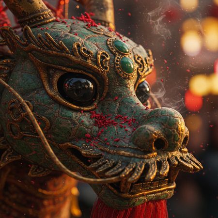 Traditional Chinese dragon in the temple, closeup of a lion headの素材