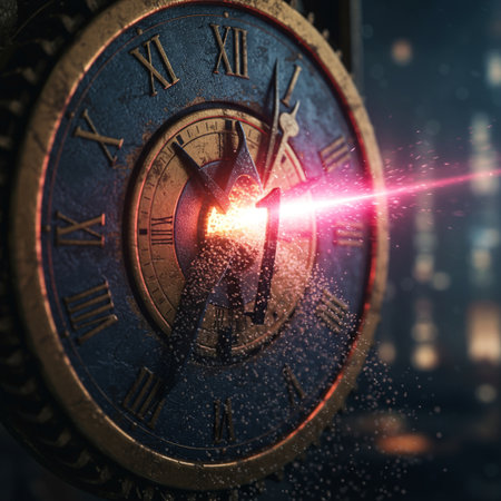 Vintage clock face with sparks against night city background. Time conceptの素材