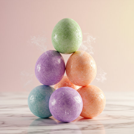 Colorful easter eggs on white marble table. 3d renderの素材