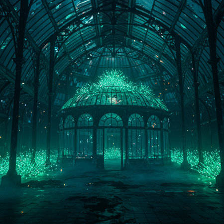 Greenhouse in the winter with Christmas lights. 3D illustration.の素材