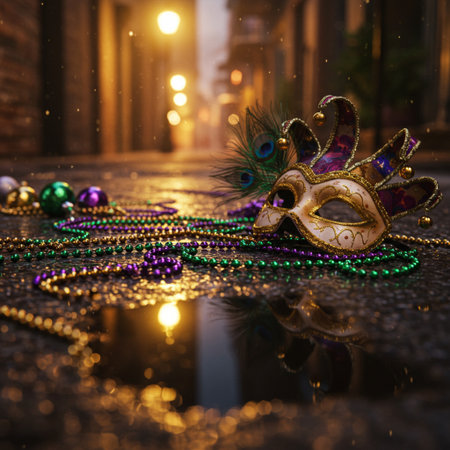 Mardi Gras mask with beads on the background of night streetの素材