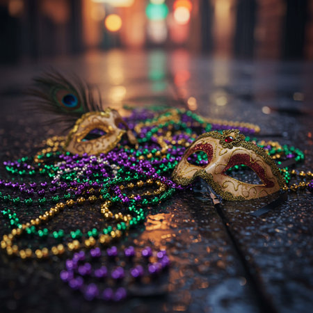 Mardi Gras mask and beads on a dark background. Selective focus.の素材