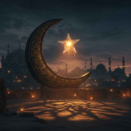 Ramadan Kareem background with golden crescent moon and star.の素材