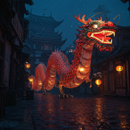 Chinese dragon in the ancient city at night,3d rendering.の素材