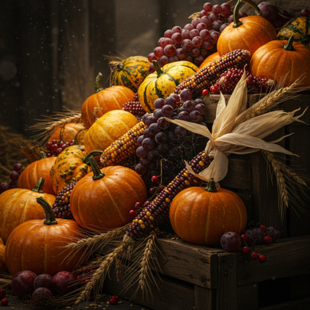 Autumn still life with pumpkins, berries and corn on wooden backgroundの素材