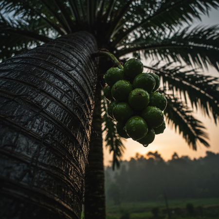 Coconut tree with green fruits on sunset background, stock photoの素材