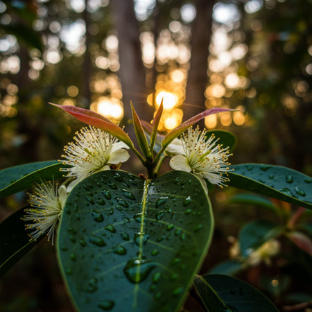 Close up of white flowers and green leaves in the morning light.の素材