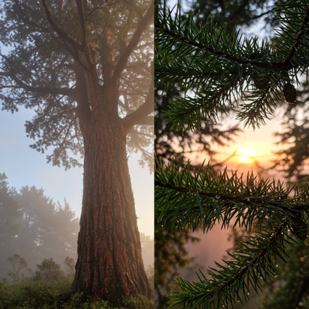 Pine tree in the morning and sunset in the forest, collageの素材