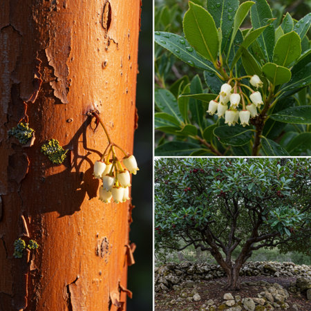 Collage of beautiful flowers growing on a tree in the garden.の素材