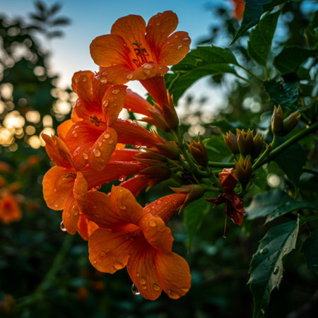 Orange flowers with dew drops in the morning on a blurred background.の素材