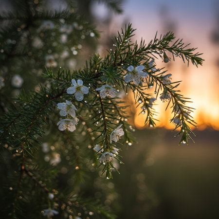 Beautiful white flowers on a spruce branch in the rays of the setting sunの素材