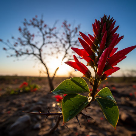 Close up of a red flower in the middle of the desert.の素材