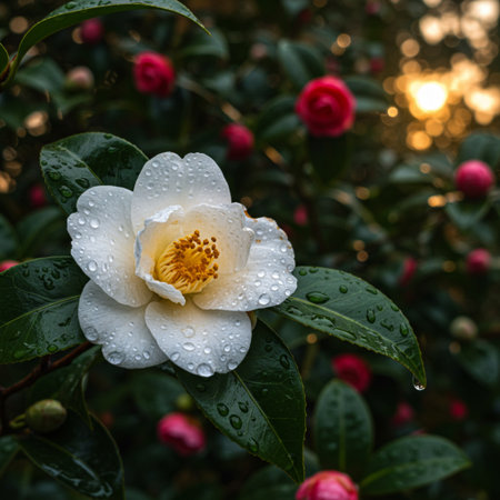 White camellia flower with raindrops on green leaves in the garden.の素材