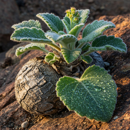 Closeup of a small plant growing on a rock covered with dewの素材