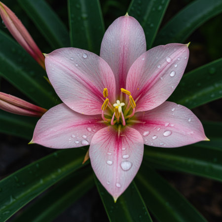 Beautiful pink lily flower with raindrops on the petalsの素材