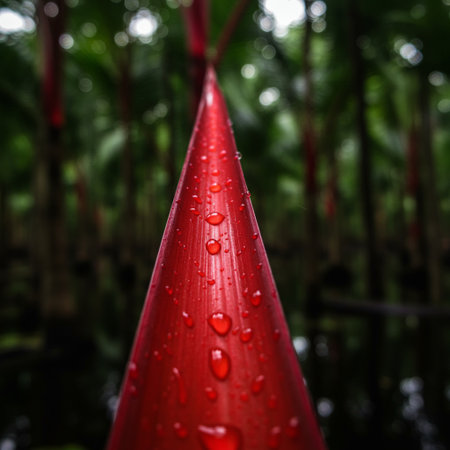 Water droplets on a red banana leaf in a tropical rainforestの素材