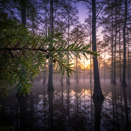Pine tree in a foggy swamp at sunrise. Beautiful winter landscape.の素材