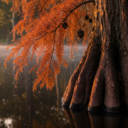 Beautiful autumn landscape with a lake and a tree on a foggy dayの素材
