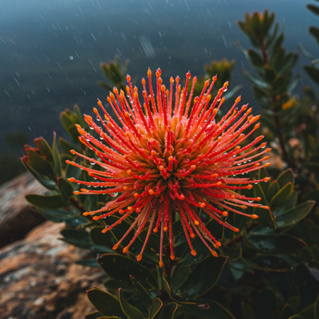 Red pincushion protea flower blooming in the rainの素材