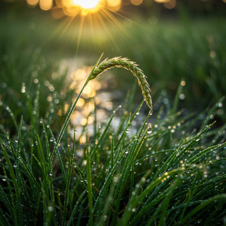 Rice field at sunset with dew drops. Beautiful natural background.の素材