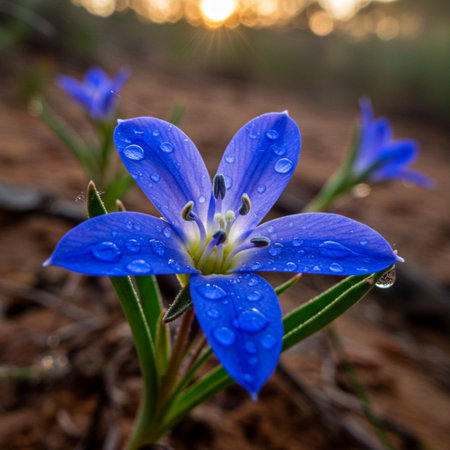 Blue flowers of Scilla siberica with water drops after rainの素材