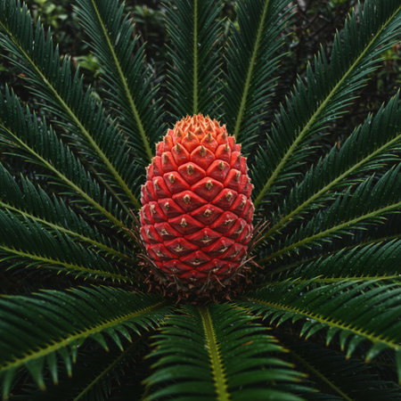 Close-up of pineapples growing in the botanical gardenの素材
