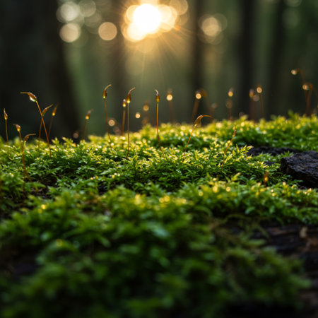 Moss in the forest at sunset. Natural background. Shallow depth of field.の素材