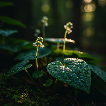 beautiful wild flowers in forest with morning dew and bokehの素材