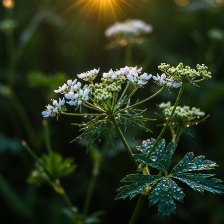 Closeup of wild parsley flowers with morning dew drops.の素材