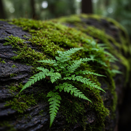 Green fern growing on a mossy tree trunk in the forestの素材