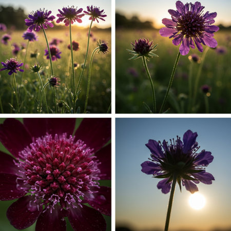 A collage of photos of purple scabiosa flowers.の素材